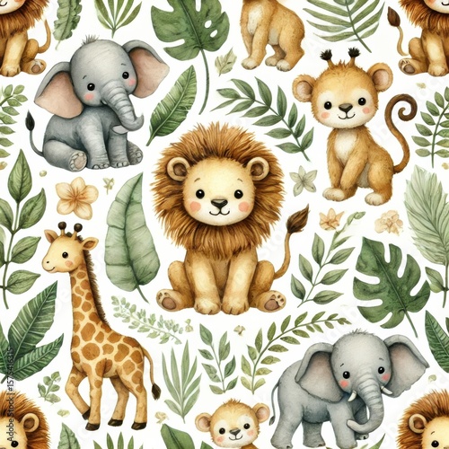 Cartoon lion, elephant, giraffe, and monkey surrounded by tropical leaves on white background. Seamless watercolor jungle pattern. Safari animals and wild nature concept.