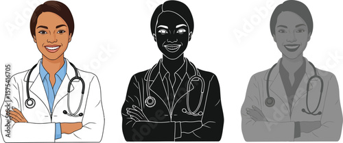 Three illustrations of a female doctor with a stethoscope and lab coat