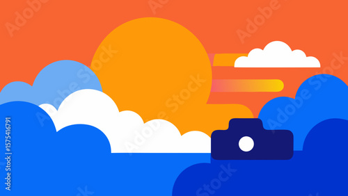 Vector illustration of a vibrant summer sunset over the city, with a colorful sky and rays of light breaking through the clouds