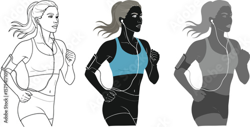 Three illustrations of a woman running with headphones and phone armband