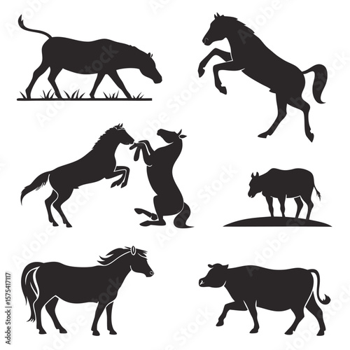 Collection of 16 horse and cow silhouettes isolated on white background