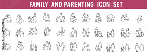 Family and parenting Vector icon set. family, eltern, children, couple, grandparent, icon, line, vector, set, outline, stroke, pictogram, illustration.
