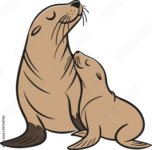 Vector art of a mother sea lion with her baby isolated on white background