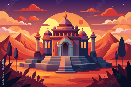 Ancient stone architecture of the Taj Mahal, an iconic Indian landmark, bathed in the hues of a sunset sky
