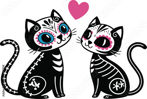 Vector art of two sugar skull cats in love isolated on white background