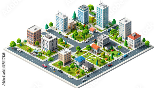 Isometric Cityscape Urban Planning, Architecture, and Green Spaces