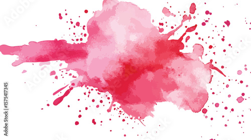Abstract pink watercolor blot with splashes and drips on a white background