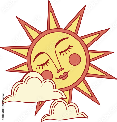Vector art of a charming sun with a serene face rests among fluffy clouds, radiating warmth and tranquility