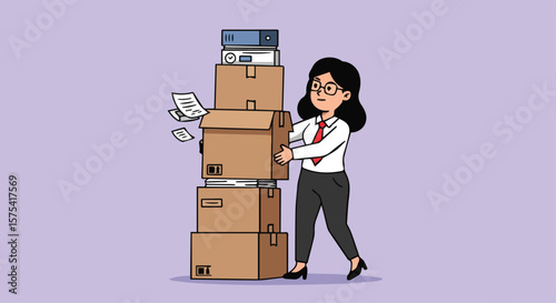 Woman Overwhelmed with Stack of Moving Boxes and Documents

