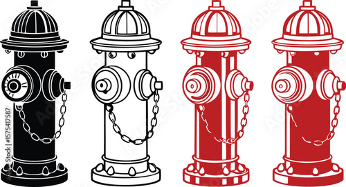 Vector art of a series of fire hydrants in varying styles stand ready for emergency water access