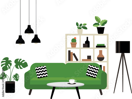 Illustration of a living room with a green sofa, plants, lamps, and a bookshelf on a white background
