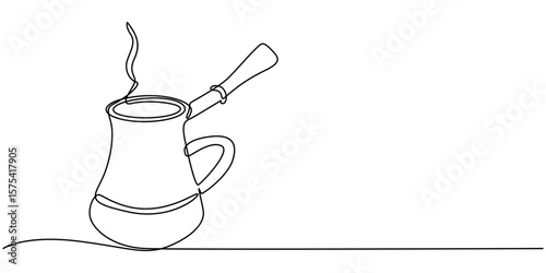 Turkish Coffee Continuous Line Illustration. Editable stroke. Hand drawn one line vector, Continuous Line Drawing of Turkish Coffee Icon. Hand Drawn Symbol Vector Illustration, Turkish cezve coffee 