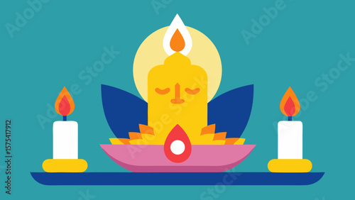 Burning candles of various colors, including white and blue, provide warm light and a festive glow, perfect for holiday decoration or celebration designs