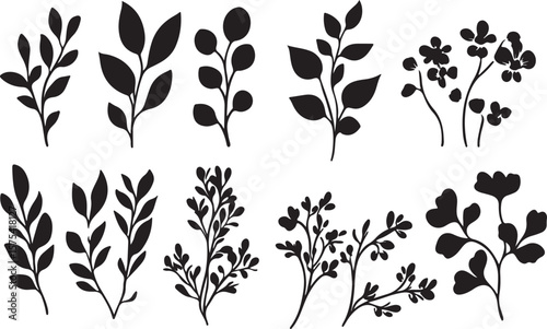 Seamless Pattern of Black Silhouetted Leaves and Branches on a White Background