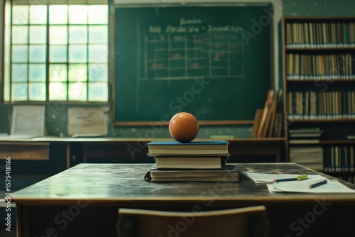 Still Life Composition of orange on books in Classroom Environment