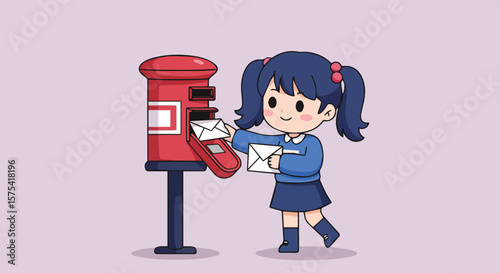 Little Girl Sending Letters at a Red Mailbox

