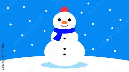 Cute cartoon snowman with hat and scarf in a winter wonderland, perfect for Christmas holiday cards