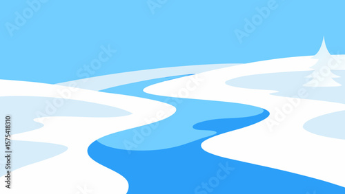 An abstract winter landscape with a snowy path under a cold blue sky and white clouds