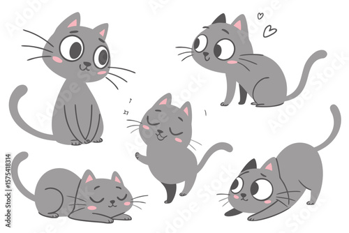 Vector art of a collection of cute gray cartoon cats in various poses isolated on white background