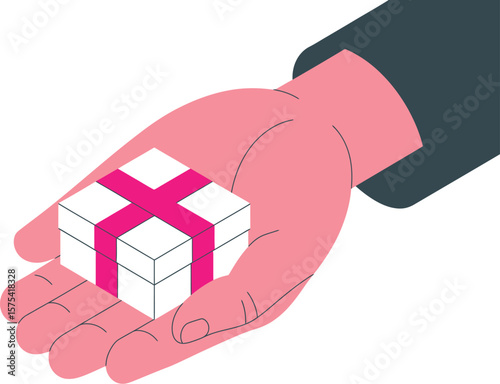 A hand in a sleeve holding a small white gift box with a pink ribbon on a white background view