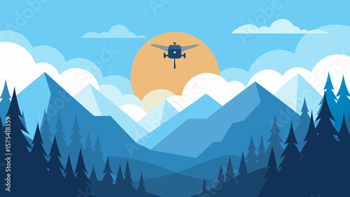 Blue mountain landscape vector illustration with snow-capped peaks, serene valleys, and a clear sky, capturing the essence of nature's majestic beauty