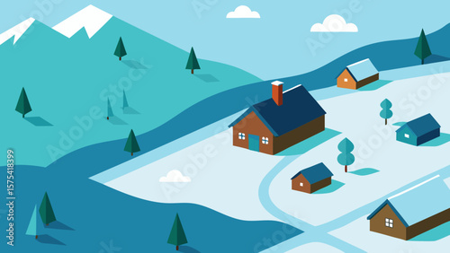 Serene Winter Village Cozy Cabins nestled in Snowy Mountains Illustration
