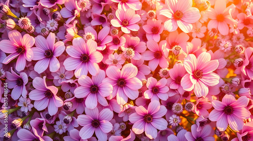 Beautiful Pink Flowers Bathed in Golden Sunlight, Full Fram