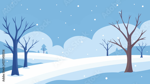 Winter Wonderland Snowy Landscape Illustration of Bare Trees and Rolling Hills