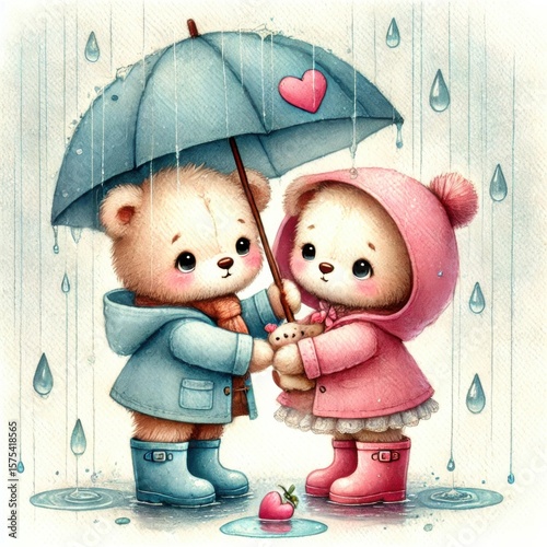 Cartoon bear couple holding umbrella in rain wearing coats and boots, standing in puddles with hearts and raindrops. Watercolor children’s spring illustration.