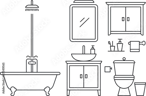 A line drawing of a bathroom interior with a bathtub shower toilet and sink with cabinets and mirror