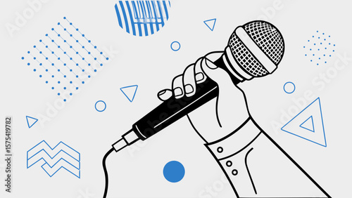 Hand holding microphone, minimalist line art style, modern geometric background, energetic, positive mood, music, podcast, performance concept.