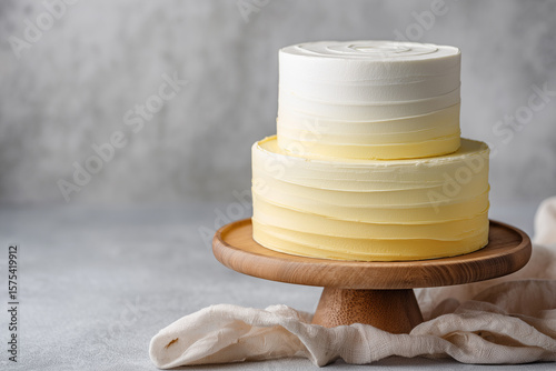 A beautifully crafted two-tier cake features a gradient of yellow and white frosting, showcased on a wooden stand, perfect for any celebration.