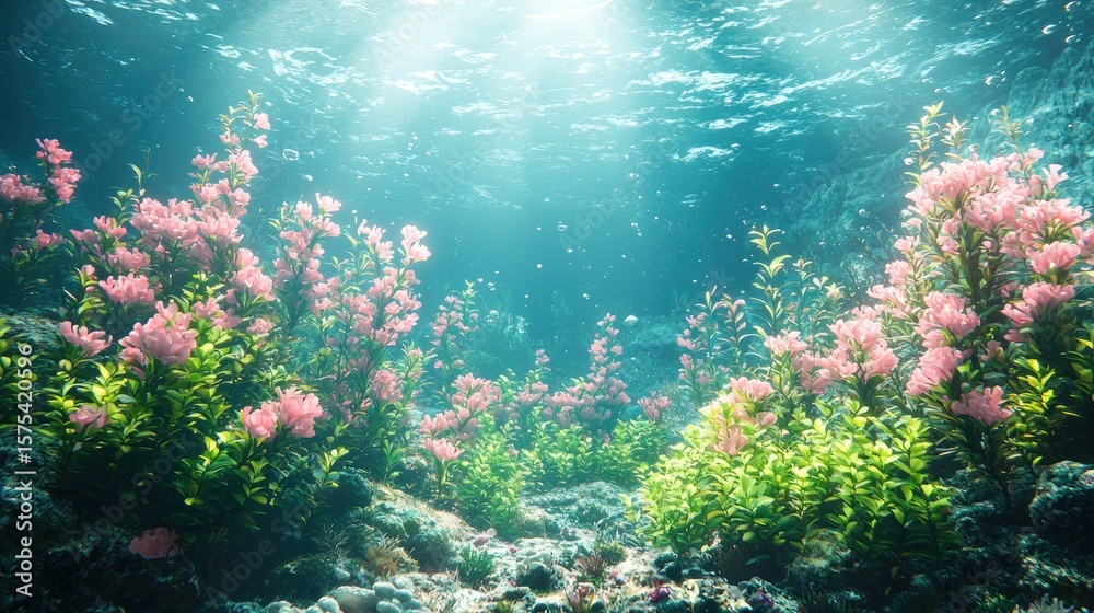 Naklejka premium Underwater garden of pink flowers bathed in sunlight.