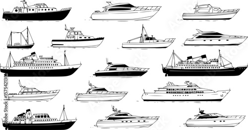 a collection of various types of boats and ships in black and white, line art, vector graphics, minimal details, white background