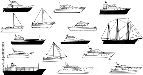 a collection of various types of boats and ships in black and white, line art, vector graphics, minimal details, white background