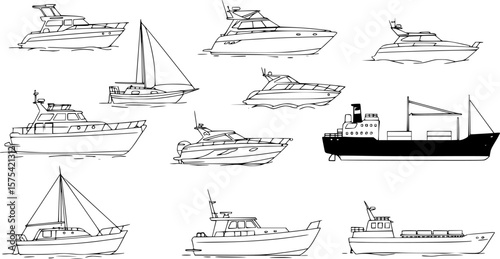 a collection of various types of boats and ships in black and white, line art, vector graphics, minimal details, white background