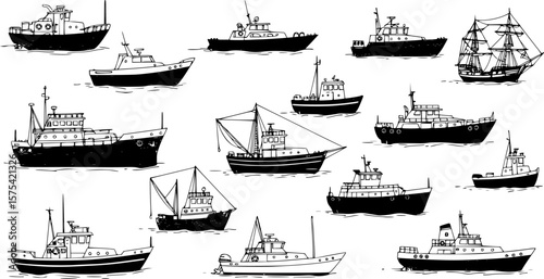 a collection of various types of boats and ships in black and white, line art, vector graphics, minimal details, white background