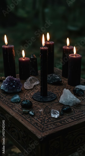 Black candle burning on a mystical altar surface. Witches table with amethyst and ritual objects. Atmospheric occult setting for Halloween night. Perfect for Wiccan ritual, card, or post about magic