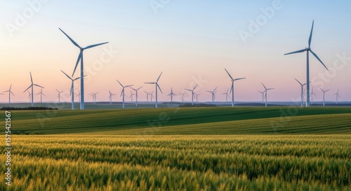 Wind Turbines Rising Above Golden Wheat Field at Sunset, Sustainable Energy
