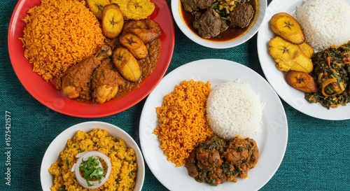 Photo of a delicious spread of african cuisine, featuring rice and chicken