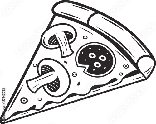 Vector art of a black and white illustration of a pizza slice with mushrooms and pepperoni