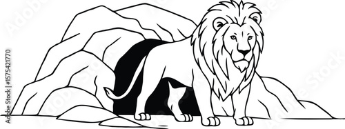 Majestic Lion Emerging from Cave A Striking Line Art Illustration