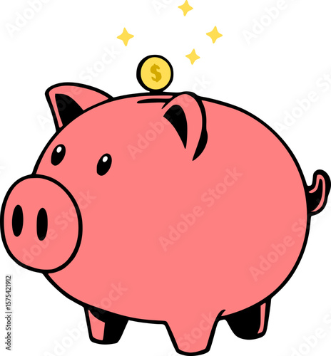 cartoon piggy bank with falling dollar coin and yellow stars