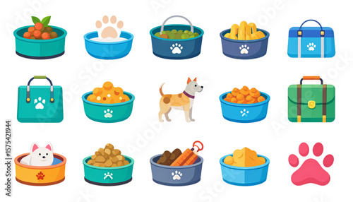 Cute Pet Food Bowls and Accessories Illustrations