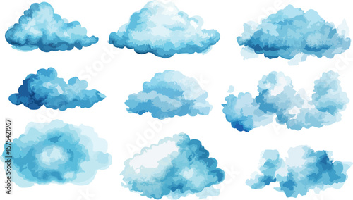 Watercolor Clouds Collection in Blue Tones on White Background for Design
