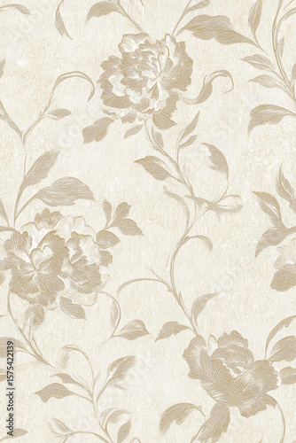 Elegant floral wallpaper design featuring soft beige tones and intricate leaf patterns
