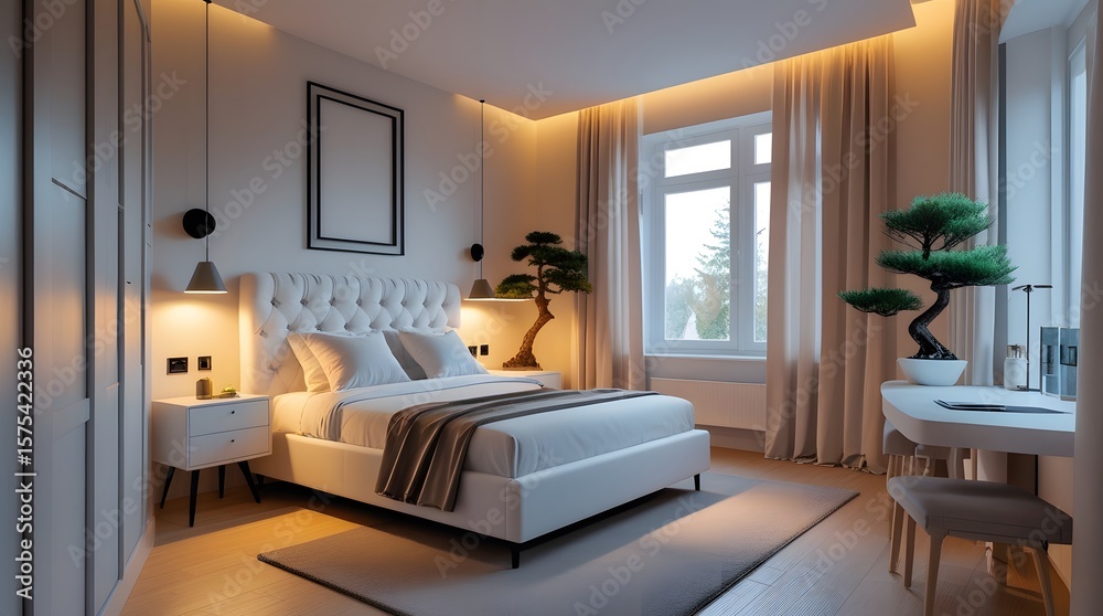 Fototapeta premium Serene Modern Bedroom Interior: Soft Lighting, White Upholstered Bed, Bonsai Tree, and Minimalist Desk.