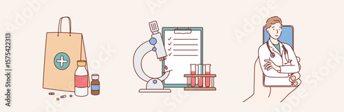 Online doctor consultation, drug delivery, laboratory diagnostics tests. vector illustration in cartoon style