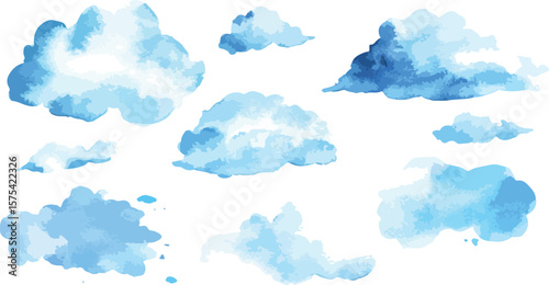Watercolor Blue Clouds on a White Background for a Seamless Pattern