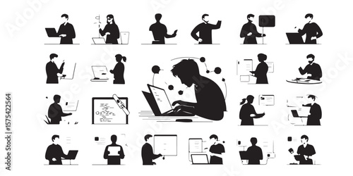 Collection of black and white silhouettes of people working on laptops and interacting with technology